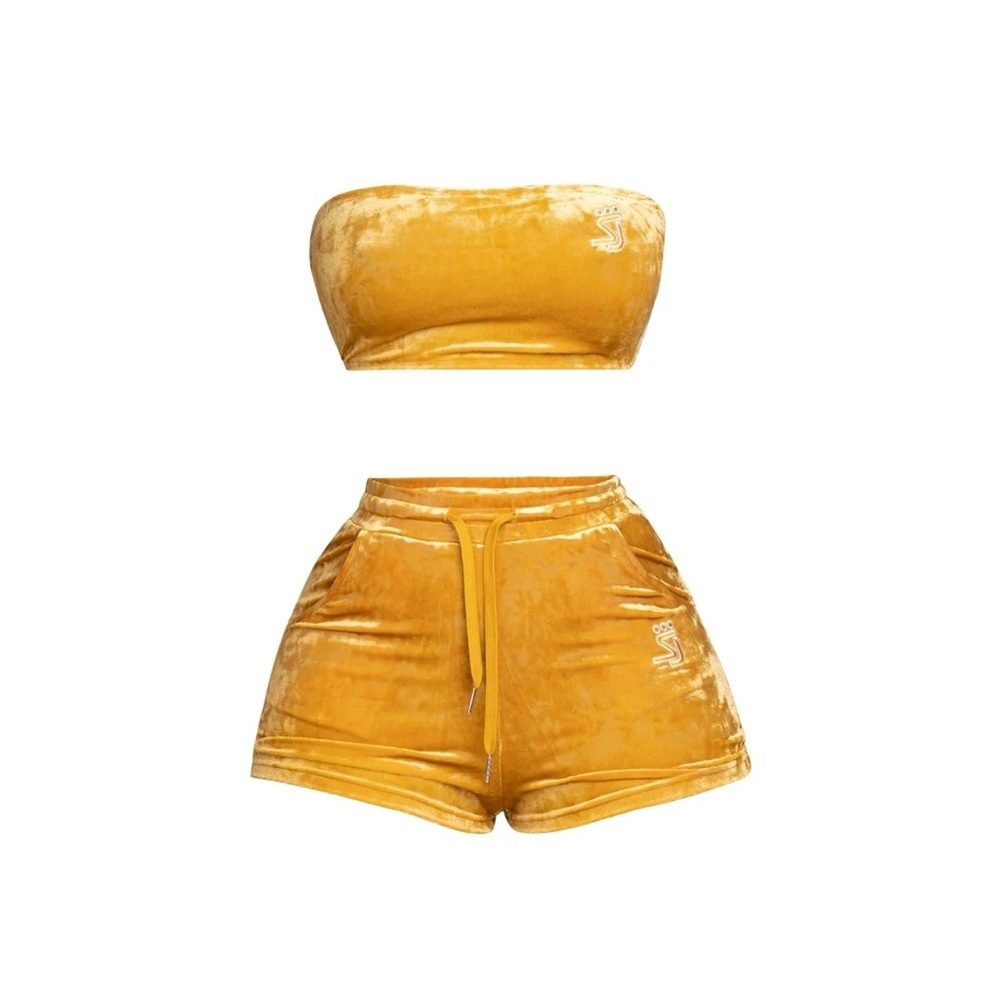 Shane Justin Yellow Velvet Tube Top and Shorts Set
